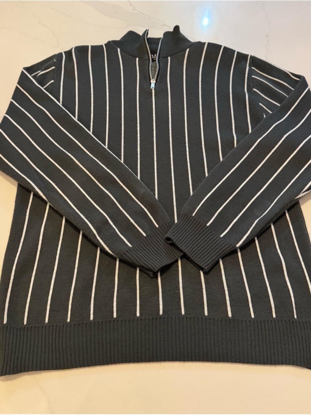 Boohoo Black Sweater with White Pinstripes and Half-Zip